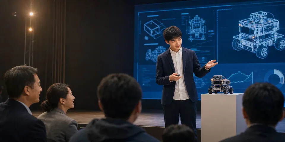 学生在路演舞台展示项目成果