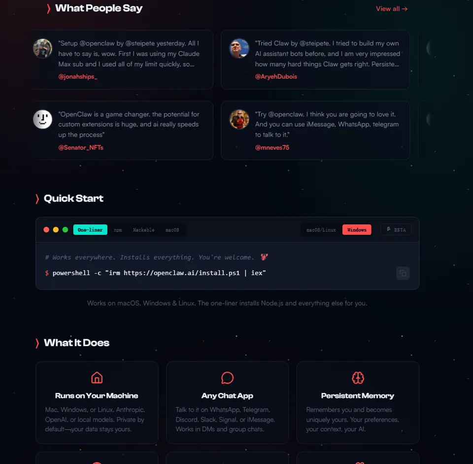 OpenClaw 官方首页中的 Quick Start 区域截图