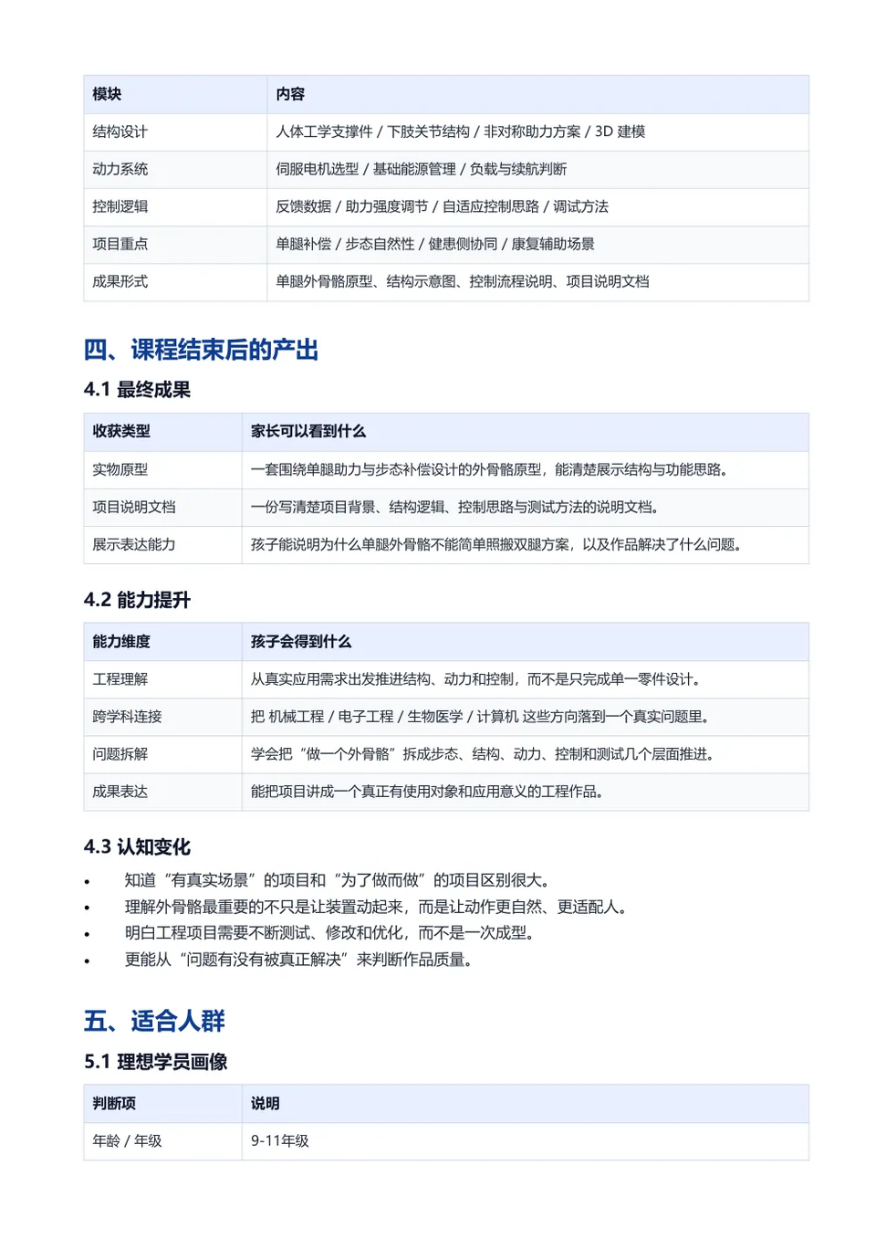 单腿机械外骨骼 课程安排资料页预览